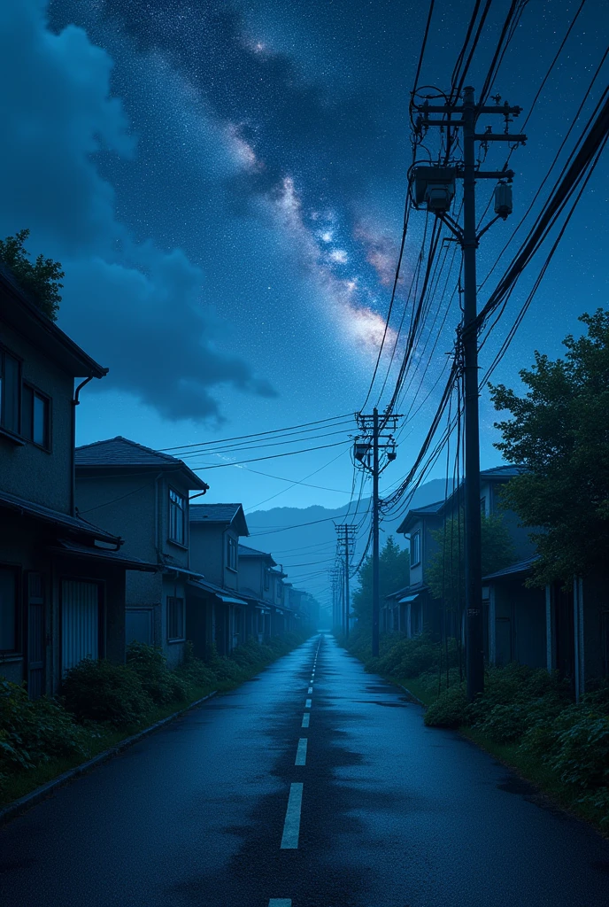 Turned into ruins、A partially collapsed residential area in Japan A world with no one Midnight starry sky Milky Way Straight road Without a car、Just spacious