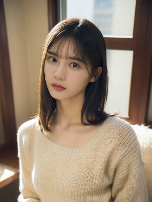 masterpiece, best quality, extremely detailed, (illustration), Raw photo, absurdres, 1girl, ribbed sweater, (small breasts),beautiful face, hands behind body, photorealistic, depth of field, anatomically correct, textured skin, UHD,hotelroom,feeling weak,(sweat)