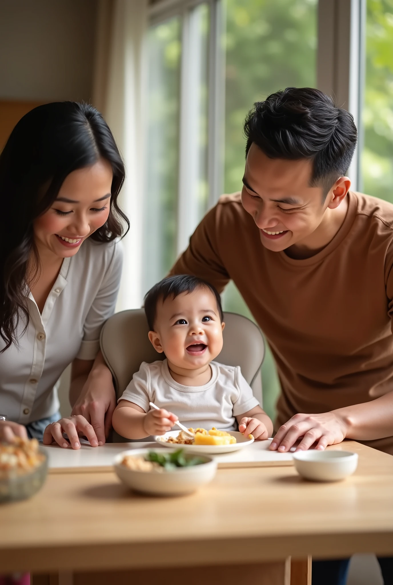 A father and mother from Indonesia celebrate the 6th month of their first baby daughter.. The first day the baby can consume solid food. The child is sitting in a baby chair looking happy and laughing.. realistic photo
