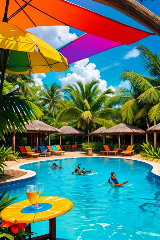 "A vibrant and dynamic illustration of a Brazilian Pantanal resort with a focus on aquatic fun. The scene includes a large pool with water slides and a swim-up bar, surrounded by tropical plants and colorful umbrellas. A blue macaw flies overhead, adding to the lively atmosphere.