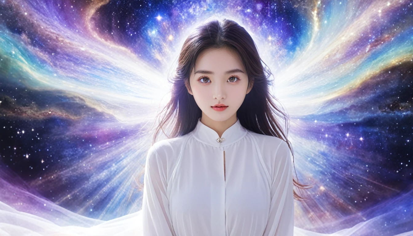 Highest quality, One person, Beautiful eyes, Looking at the camera（Show the whole body）, universe，Mind Aura Cleansing，The whole body is purified，A beautiful woman with a beloved aura,universe空間で眠る