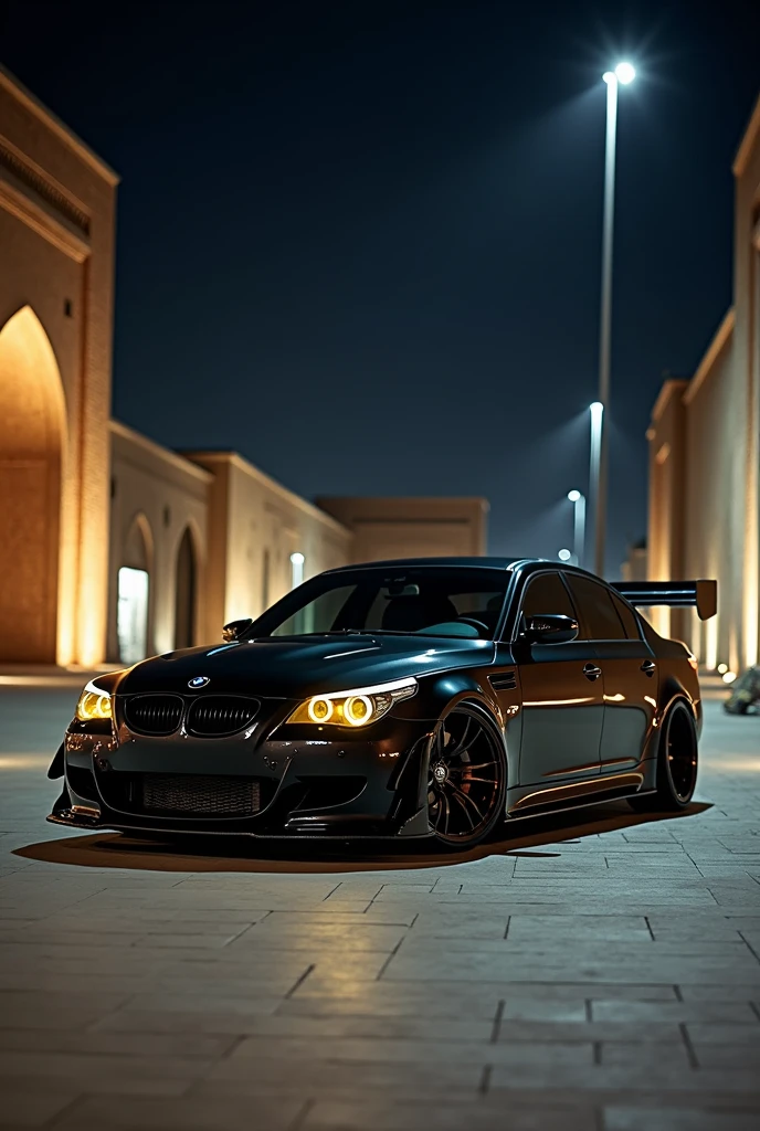 Black bmw m5 e60 with yellow neon led and vossen disk and rear spoiler in Khiva city at night