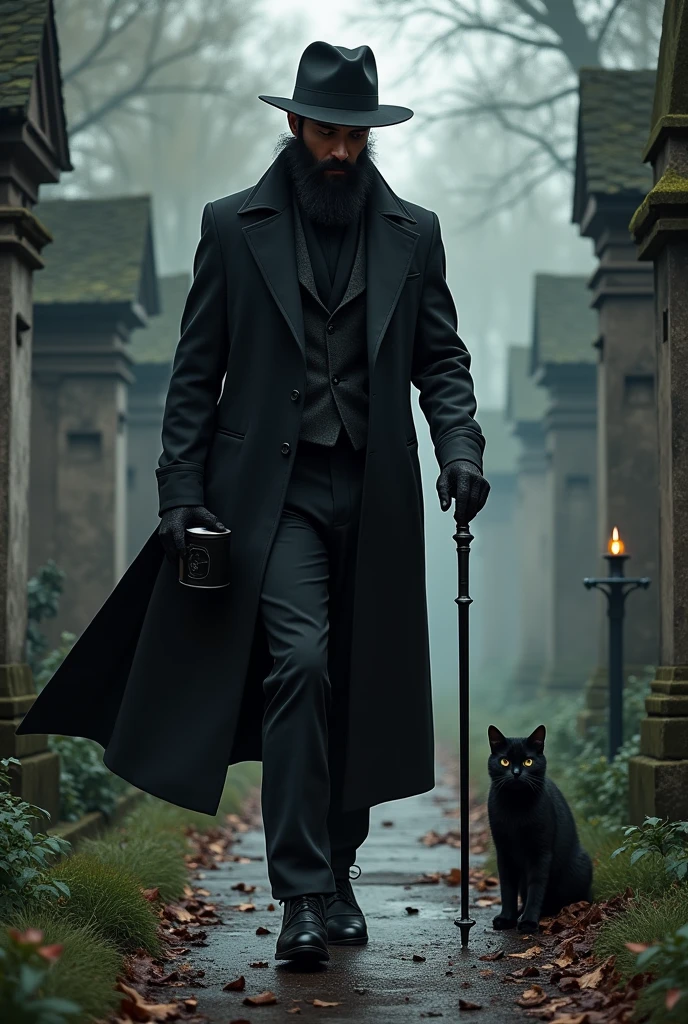 exu, Handsome man with a well-groomed black beard wearing black clothes and a stylish black hat, using a cane and holding a mug as he walks alongside his cat through the churchyard.
Black candle on the floor and offering