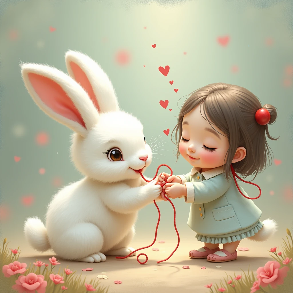 White rabbit playing tug of war with a red string、heart、Cute rabbit、and a girl、The red thread of fate、