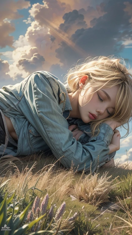 (masterpiece: 1.2, Portraiture, Highest quality), Realistic, (Live Action, Intricate details, Written boundary depth), Highest quality, masterpiece, Attention to detail, semi-Realistic, Sleeping on the grass, shy, 2, Short blonde, blue eyes, blonde、 Slim figure、Shoulder Bare、Shorts 、Blue sky and a few clouds、Rolling on the lawn