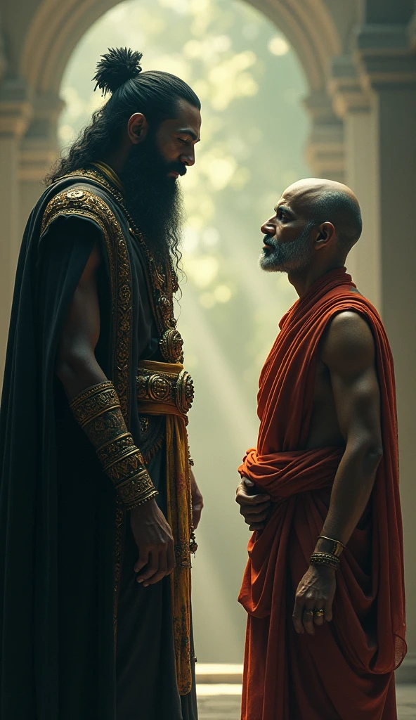 **Yamaraj and the Saint**: Yamaraj and the saint facing each other, with an air of respectful curiosity between them.