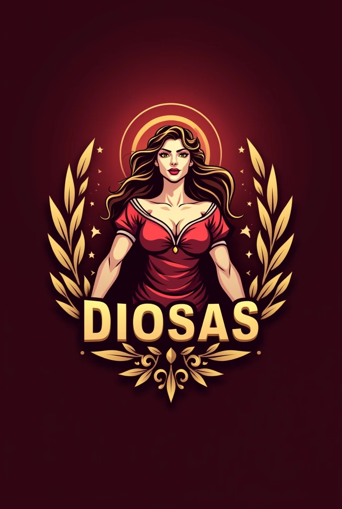 Football team logo in burgundy with gold with a Goddess called Diosas Sport club