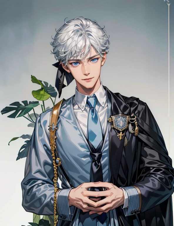 nonsense, height, very detailed, HDR), Masterpiece, best quality, 1 boy, alone, , handsome, Messy black curly hair, Blue eyes and detailed faces, ((Wear a school uniform, Loose tie, Open the cover)), (white skin), upper body, stalwart, Smiling joyfully, straight angle, Wear a silver necklace., modern style