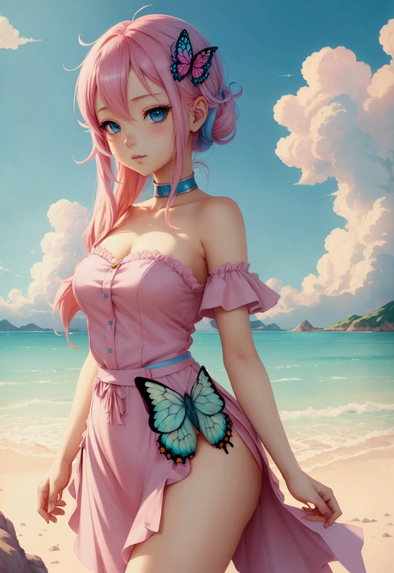 Anime girl with pink hair and blue eyes, cute art style, beautiful anime art style, anime art style, cute anime style, anime art style, Beautiful drawing style, trends in art, anime art style de alta qualidade, rossdraws pastel vibrante, A beautiful anime portrait, colourful drawing, fantasy world, butterflys, realisitic, 4K