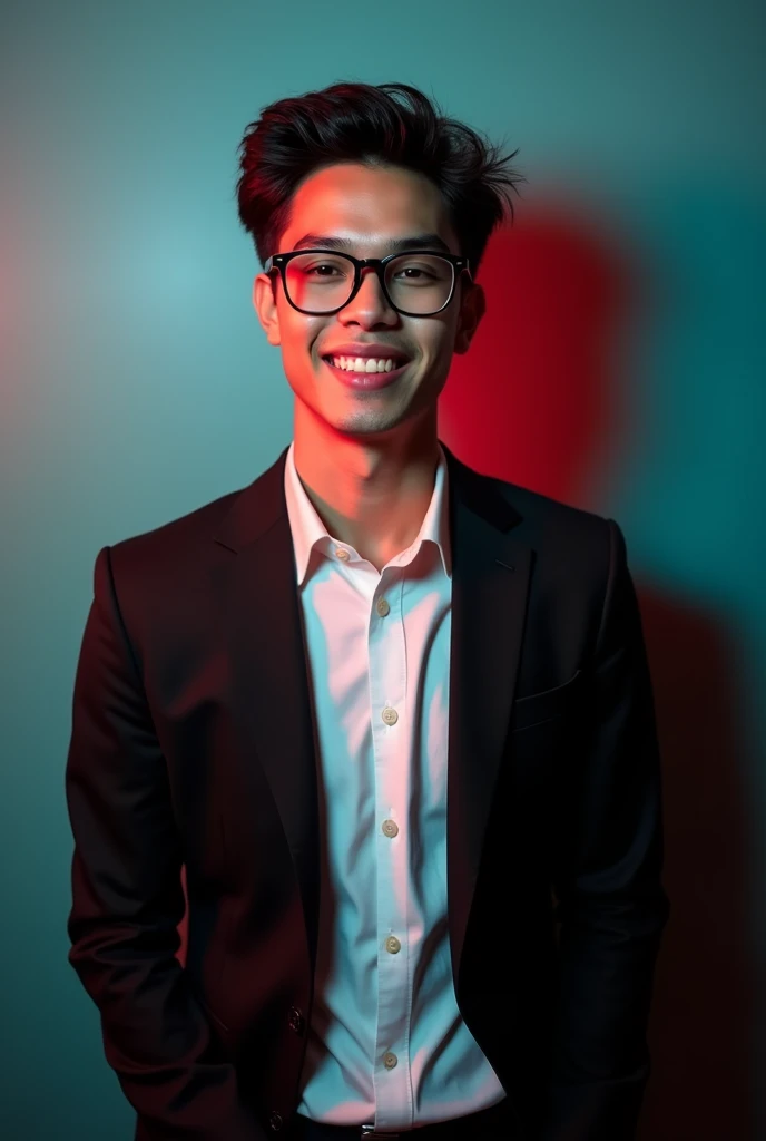 A young men with dark hair and a confident smile he is dress a black blazer over a white shirt and glass on eyes A man is positioned against aqua colour backdrop with a subtle red lighting of the rate site and posing for fiverr profile