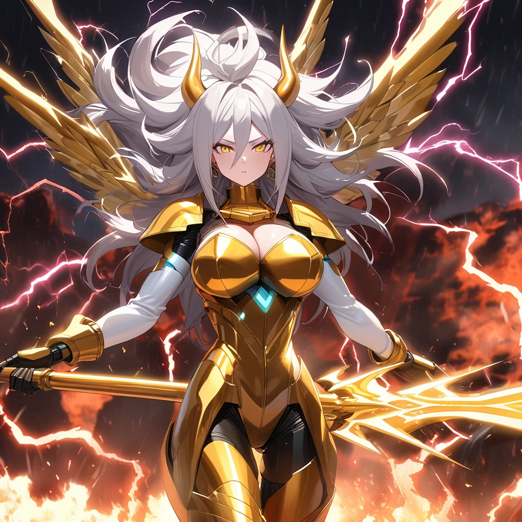 ((((Golden Spear)))), ((Lightning Power)), ((Electricity)), ((Fire Background)), ((Lightning Storm)), ((Power Erupting)), ((((android 21)))), (((white Coat))), ((())), luxury bustier corset, ((silver hair)), (((Very slim waist))), propotional body, ((Gorgeous)), (((gold wings))), masterpiece, hyperdetail, ambient effect, digital effect, (((Lightning Spear))), (((Fire Gold Armor))), (((Lightning Gold Wings))), ((Fire Demon Horns))