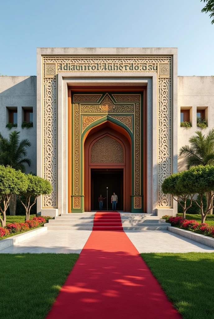 Create a building with  Ethiopian design,  state design with a full view and a concrete on the building written  ADMINISTRATION DOCKET on it's own compound with Grass and flowers with red carpet on entrance 