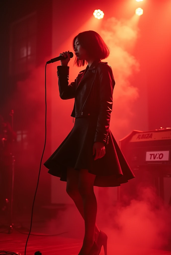 Japanese women、Alice Hirose、Female vocalist with short bob hair、Skirt flip、live house、Lots of stage smoke、Red lighting、Holding a microphone on stage、Riders jacket、
