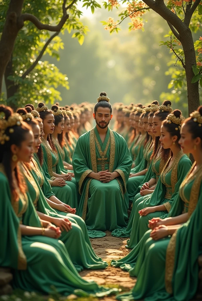 In big green garden set’s a young king with his 100 wife’s wearing green silk with golden light eating