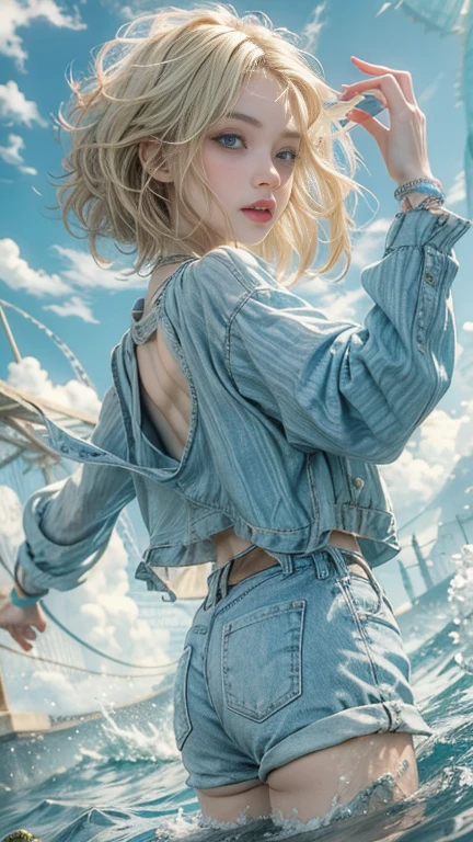 (masterpiece: 1.2, Portraiture, Highest quality), Realistic, (Live Action, Intricate details, Written boundary depth), Highest quality, masterpiece, Attention to detail, semi-Realistic, Swimming in the lake, shy, 2, Short blonde, blue eyes, blonde、 Slim figure、Shoulder Bare、Shorts and T-shirt 、Blue sky and a few clouds、Shoulder Bare
