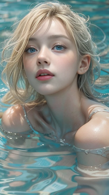 (masterpiece: 1.2, Portraiture, Highest quality), Realistic, (Live Action, Intricate details, Written boundary depth), Highest quality, masterpiece, Attention to detail, semi-Realistic, Swimming in the lake, shy, 2, Short blonde, blue eyes, blonde、 Slim figure、Shoulder Bare、Shorts and T-shirt 、Blue sky and a few clouds、Shoulder Bare