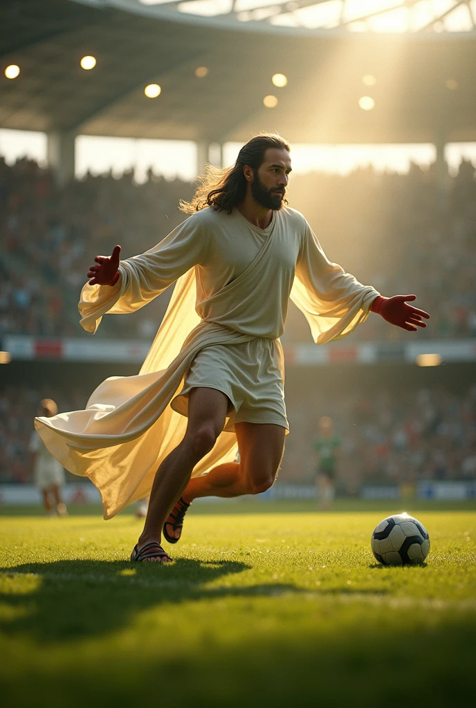 Jesus plays as goalie for a gaelic football match. A ball goes in the net.
