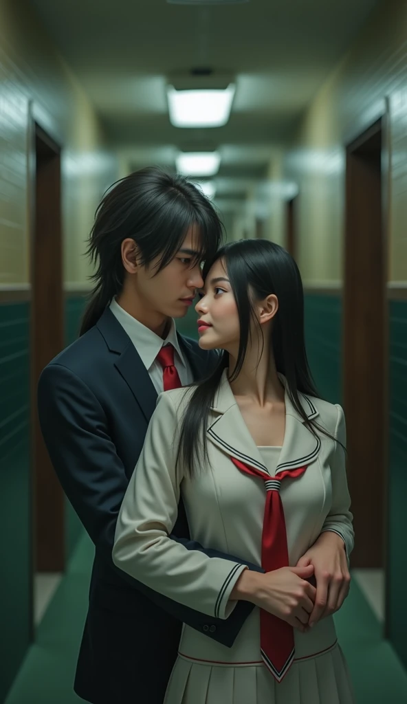 (32K:1.9, Highest quality, masterpiece, Ultra-high resolution), Perfect dynamic composition:1.3, Highly detailed skin and facial textures:1.3, Cute sexy slim Japanese schoolgirl, Tall and slim man, (They both close their eyes:1.3, Man hugging woman:1.3), Fair skin, ((Clarity:1.1)), (Man is anime「幽☆遊☆白書」Fox demon Kurama's face and costume:1.3, Long silver-blonde hair, Rainbow Eyes:1.5), (The woman is wearing a uniform with a red tie:1.3, Straight black hair.:1.3, smile:0.9, A man completely charms a woman:0.9, beautiful Blue Eyes, beautiful, Clear Eyes:0.8), Sexy Face:0.4, blush:1.1, (beautifulエロティシズムを醸し出す雰囲気:0.8), Professional random camera work, Cinematic Lighting Effects, (Full Body Shot), (Too erotic), romantic, mysterious, Object of admiration, original, dramatic, artistic, Innovative, charm, Heartful, Fancy, Tilt, sense of loss, special, exciting, Extreme, sense of openness, joy, joyの表現, ((若さのcharm, 女性的なcharm))