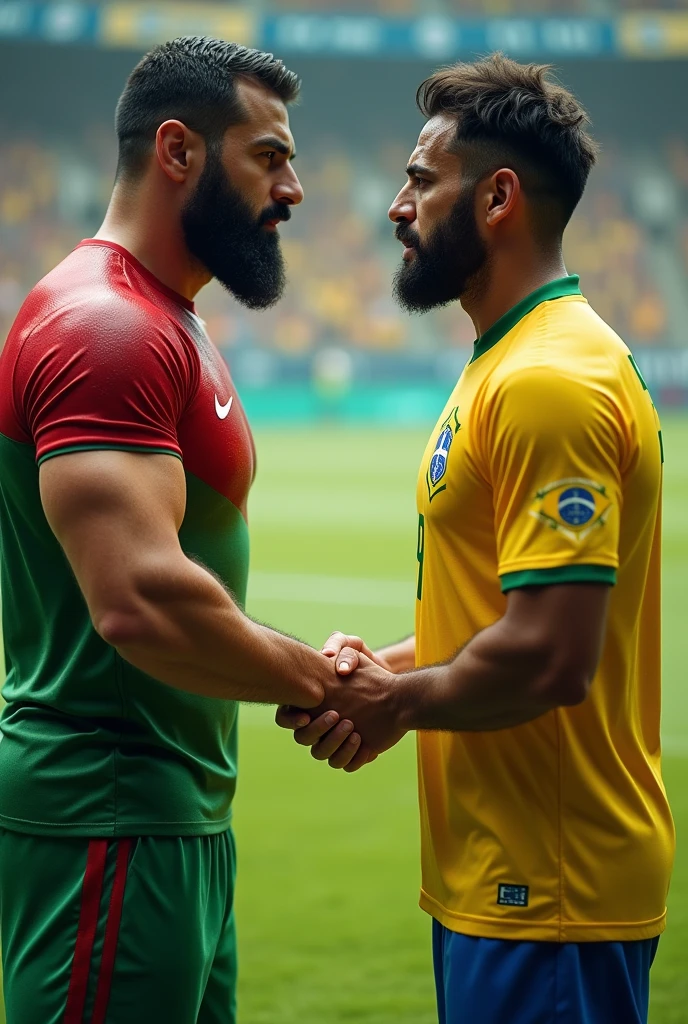A muscular Iranian football player with hairy chest hair and beard, wearing the uniform of the El Salvador national football team, shaking hands with the Brazilian player wearing the Brazilian national football team uniform.