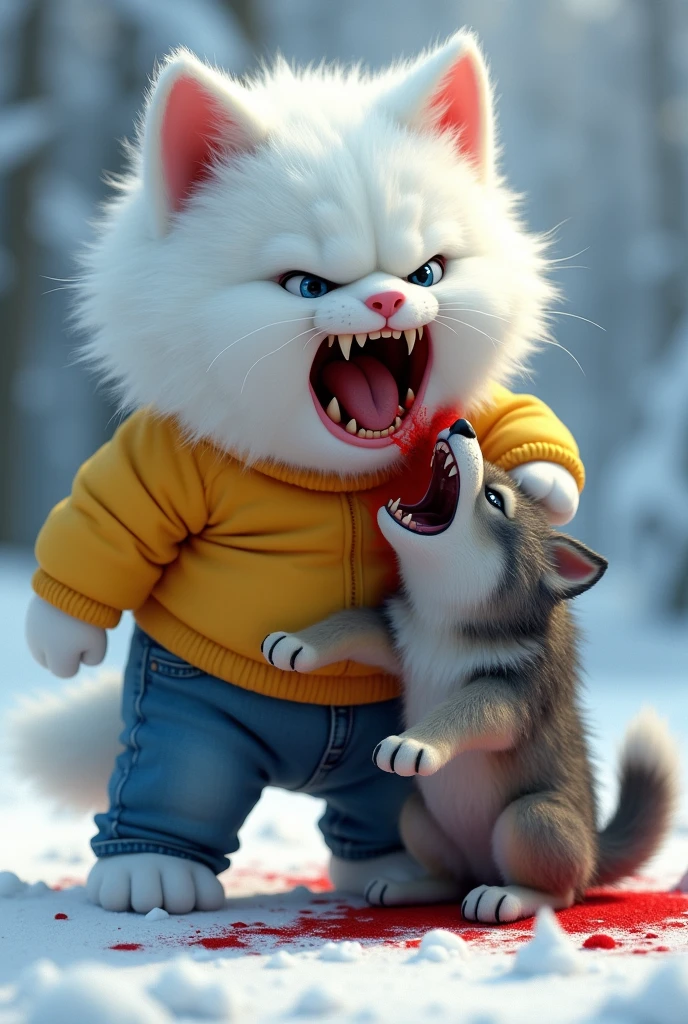 .A giant angry furious snow white fluffy animated  kitten dressed in yellow shirt and blue jeans screams due to pain in snow covered with blood throws  a  wolf in air with force 