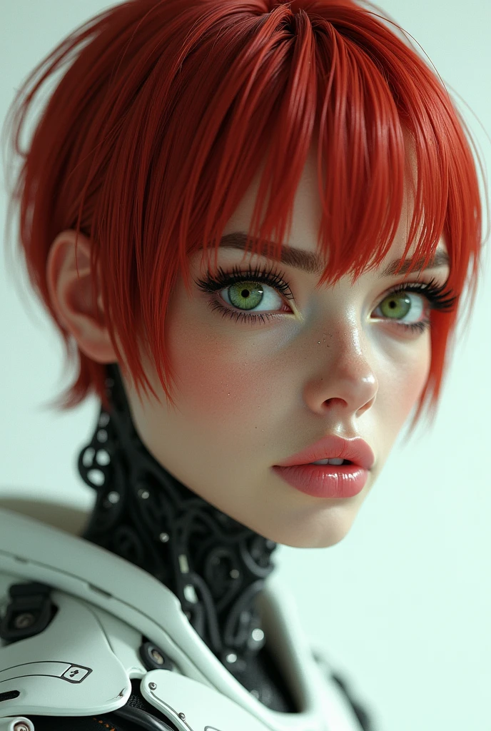 a close up of a woman's torso in a futuristic suit posing, cyberpunk art inspired by Marek Okon, artstation trend, digital art, gynoid cyborg body, biomechanical oppai, cyberpunk oppai, girl with very short red hair, military haircut, with medium bangs, highly detailed green eyes, pink thick lips, freckles on face, angry expression, frowning, detailed eyelashes, light makeup, goddess of absolute beauty, in mecha cyber armor, beautiful white cyborg girl, in white futuristic armor, cybernetic suit, gynoid body, perfect cyborg woman