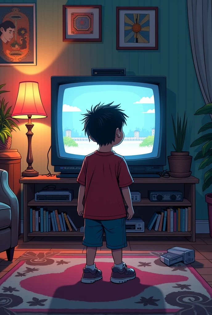 Comic of a boy with his back turned watching TV playing video games, in an environment from the 90s, that a simple game without text is displayed on TV