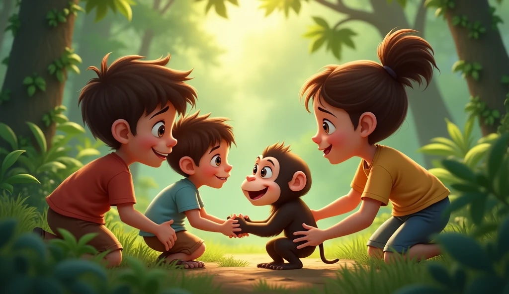 “The three friends help a  monkey find its way back to its mother in the jungle, with the babykey hugging its mother happily while the children look on, smiling.”