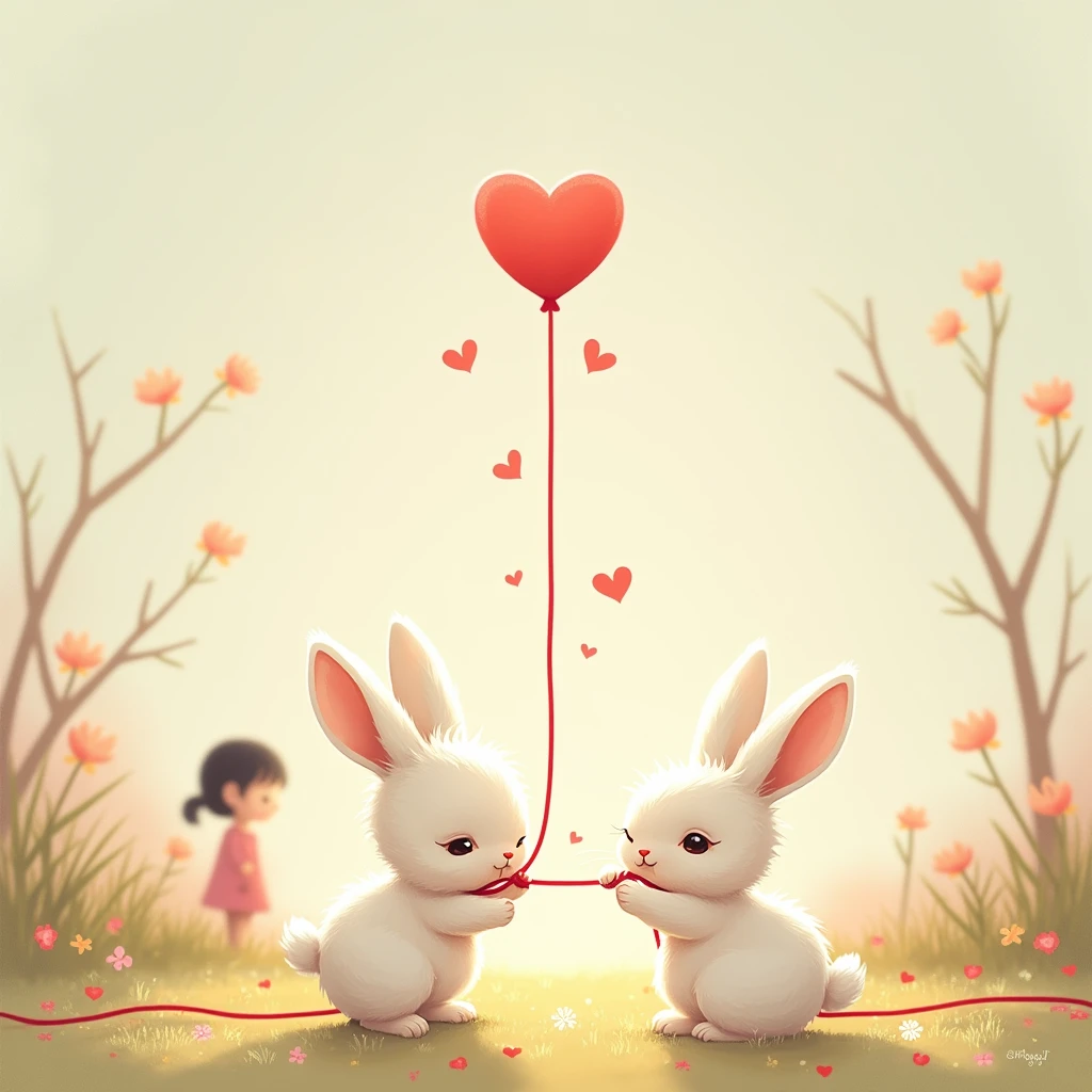 Two white rabbits playing tug of war with a red string、heart、Cute rabbit、and a girl、The red thread of fate、