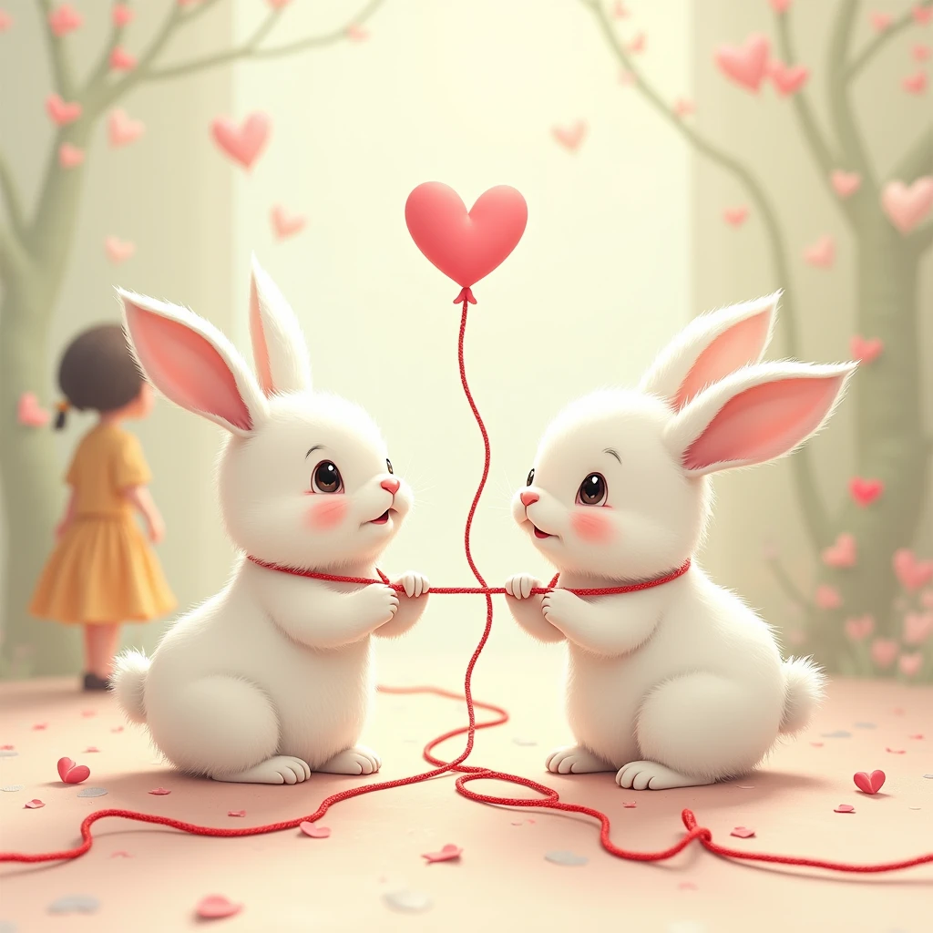 Two white rabbits playing tug of war with a red string、heart、Cute rabbit、and a girl、The red thread of fate、