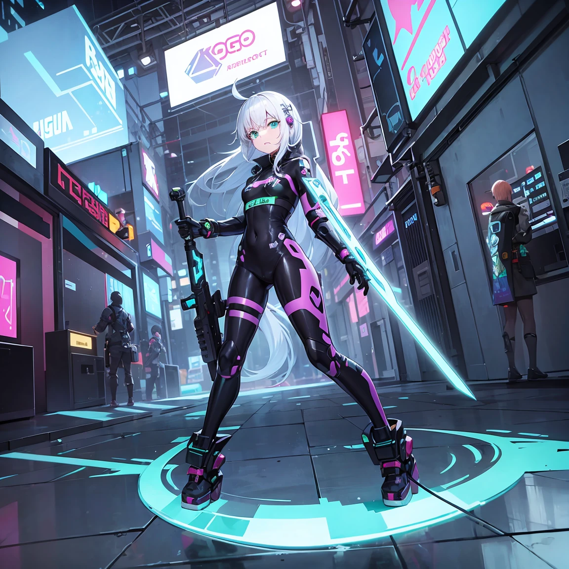 A half-ghost slime mecha,cyberpunk punk style,wearing rogue clothes, holding a blessed sword.