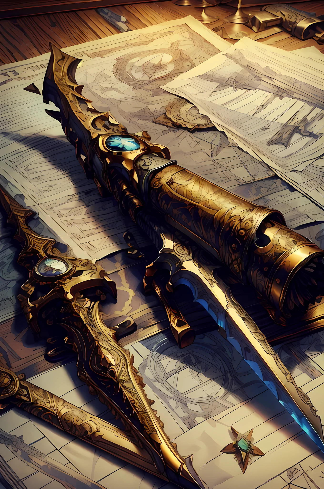 A beautiful dagger with intricate steampunk-style design lying on a table with  a steampunk schematic of the certain dagger, complete with wooden holster and gems, 3D Western Anime Style,