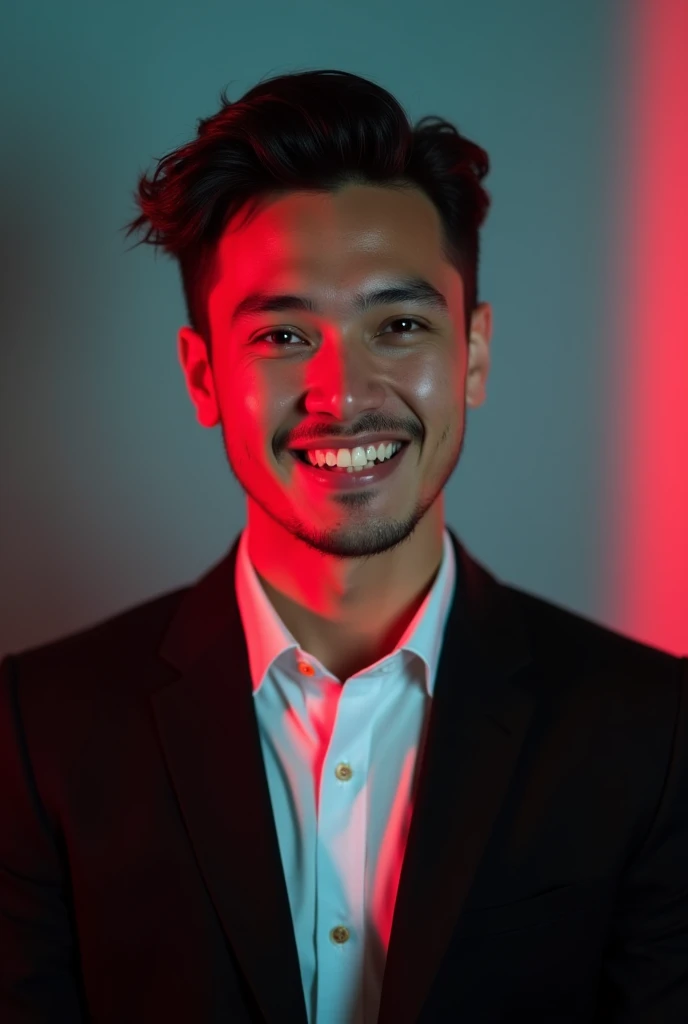A young men with dark hair and a confident smile he is dress a black blazer over a white shirt. A man is positioned against aqua colour backdrop with a subtle red lighting of the rate site and posing for fiverr profile