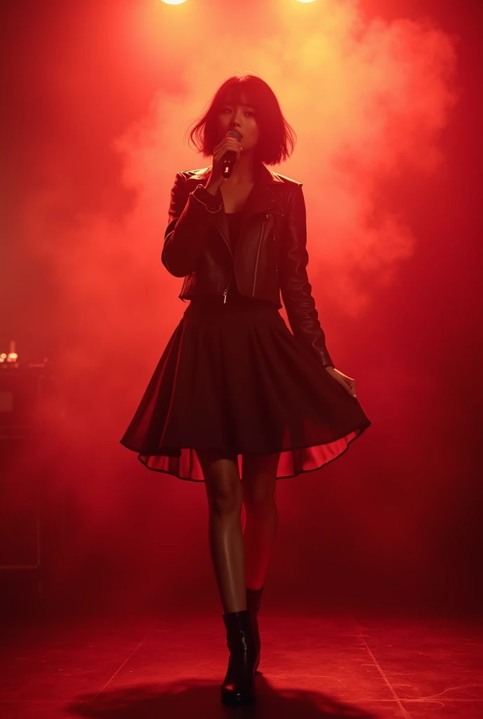Japanese women、Alice Hirose、Female vocalist with short bob hair、Skirt flip、live house、Lots of stage smoke、Red lighting、Holding a microphone on stage、Riders jacket、