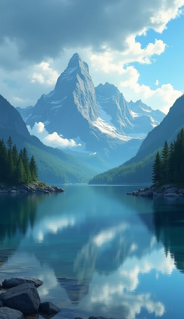 Mountain, lake, cloudy sky, Ghibli anime style, 4k high resolution, HD quality 