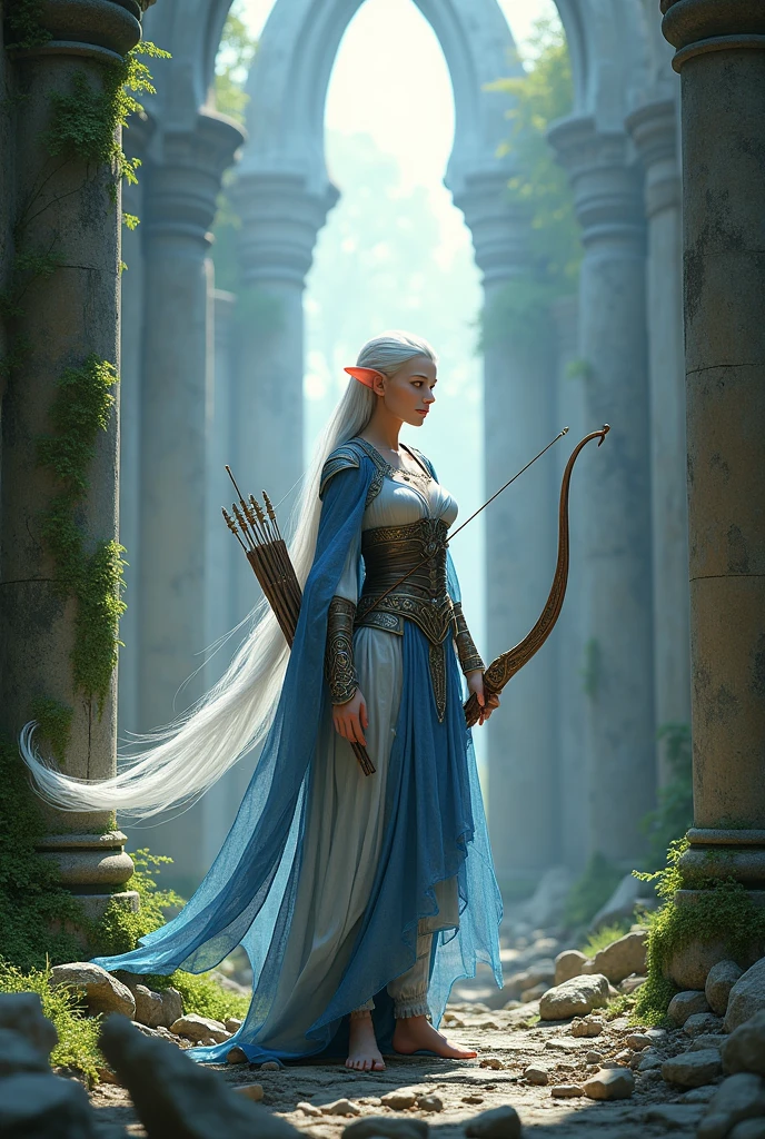 Full body portrait. A very beautiful adult female elf, wearing blue and white clothes while carrying a bow. The background is her entering into the ruins of a magnificent castle. This scene is a very detailed and professional 3D digital art. Game art. 64k resolution