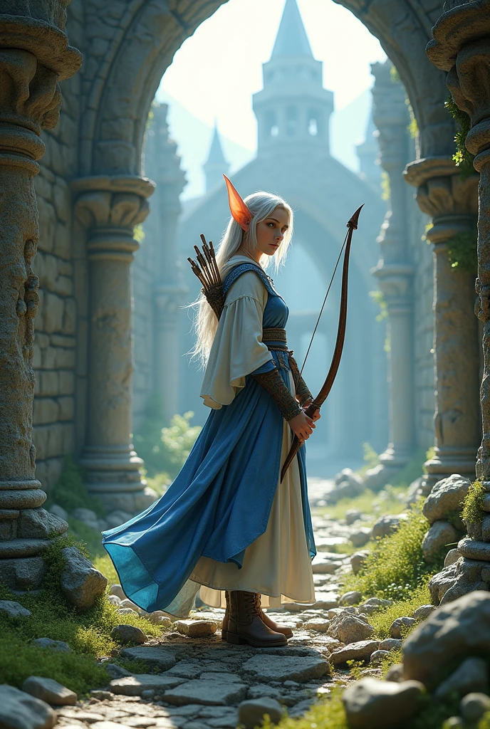 Full body portrait. A very beautiful adult female elf, wearing blue and white clothes while carrying a bow. The background is her entering into the ruins of a magnificent castle. This scene is a very detailed and professional 3D digital art. Game art. 64k resolution