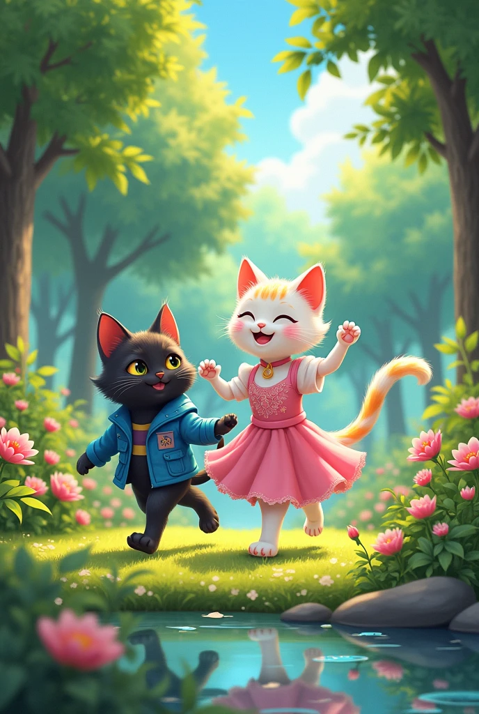 Image 2**: The two young cats are now in a lush green park, enjoying a stroll. The rainbow-colored white cat wearing a pink grown dress is playfully skipping, and the black to ling cat is wearing a blue jacket smiling at her. The park has trees, flowers, and a small pond.