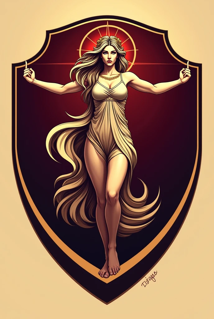 Football team logo in burgundy with gold with a Goddess called Diosas Sport club