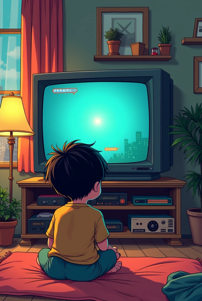 Comic of a boy with his back turned watching TV playing video games, in an environment from the 90s, that a simple game without text is displayed on TV
