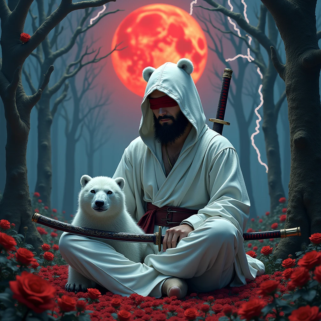 Dynamic picture, in it a man with a white hood with bear ears and a katana is sitting with a polar bear in a forest while the moon shines, many Roses cover the ground and lightning falls from the sky. The man wears a red blindfold. In the background of the picture is the blood moon.