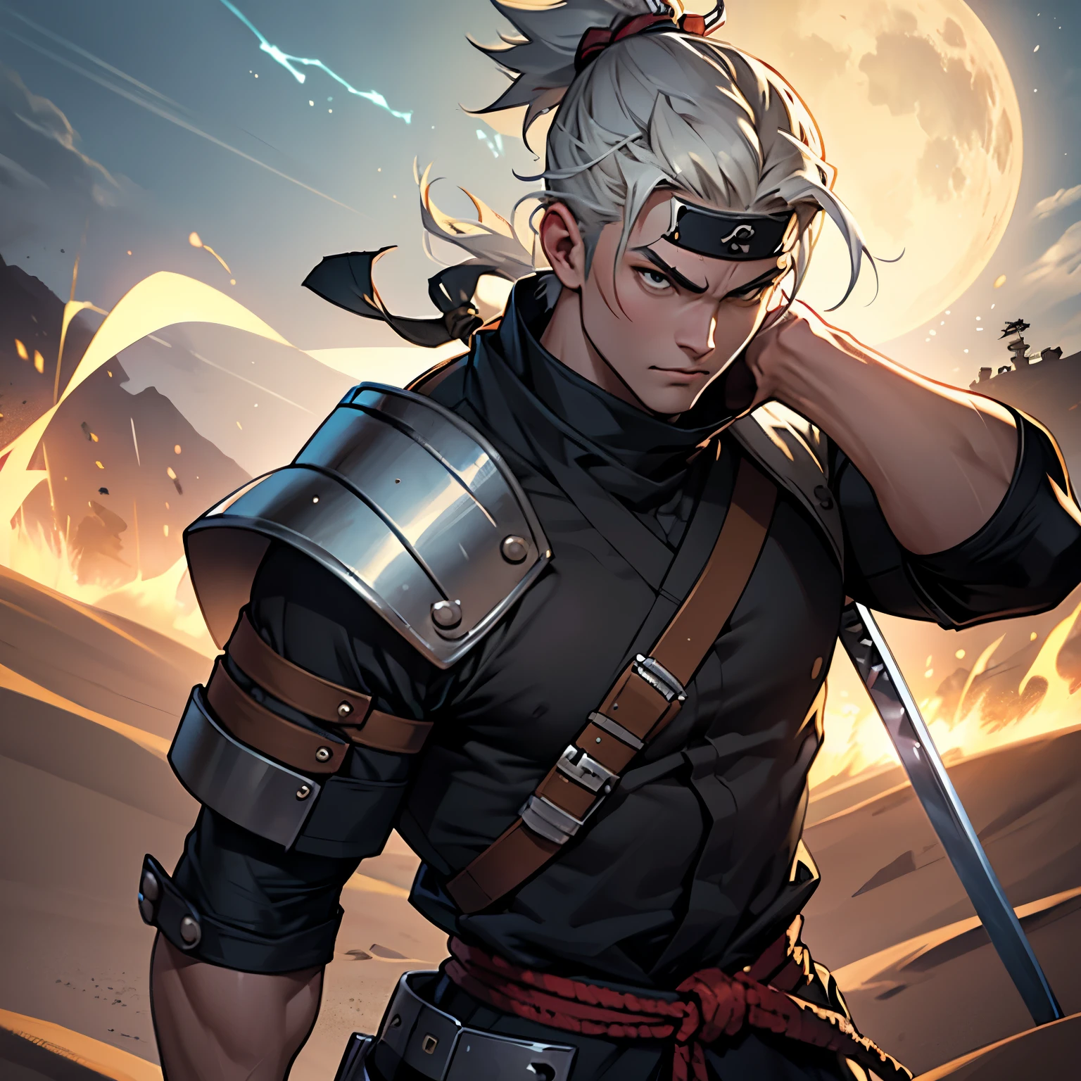 Wakigai is an imposing ninja with an athletic and muscular build.. His face is decorated with battle scars, témoignant de son expérience sur le champ de bataille. Her silver hair is tied into a messy ponytail, ajoutant à son apparence sauvage et impétueuse. He wears elegant samurai armor, complete with a sparkling katana on her belt. 4k , ultra detailed , lighting , lightning , electricity , yellow theme , desert clothes , skiny , man , scene deconcertante , incroyable mouvement , orage , electricity power , nuance de couleur blufante , power of steel , short hair,1 boy , katana , epeiste, Beige , maron , jaune , electricity all around his body and sword , desert clothes , Suna style , desert ninja , ninja of Suna from Naruto vibes 