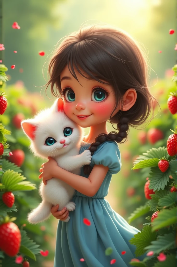 A 8 yers old girl with blue eyes in blue frock took up a little white kitten with blue eyes in her arms in strawberry garden AI image