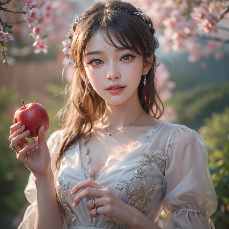 A woman holding an apple stands on top of a hill、Gothic Dress、青空と雲1 girl, Highest quality, masterpiece, Ultra-high resolution, (Realistic:1.4), RAW Photos, 1 girl, Cinema Lighting,((Highest quality、masterpiece、8k、Best image quality、Ultra-high resolution、Award-winning works)、(Accurate anatomy:1.1)、Highly detailed face、Attention to detail、double eyelid、Sharp focus:1.2、Beautiful woman:1.4、Highest quality、masterpiece、Ultra-high resolution、(Realistic:1.4)、Highly detailed and professionally lit smiles、Serious expression、Two Arms, Complete Hそして, Beautiful body, Beautiful fingers, Normal finger, Five Fingers, Five Fingers, (Thumb Index Finger Ring Finger), Beautiful ears、 Normal ear, Beautiful Eyes, Shining Eyes, Beautiful mouth, Beautiful Lips,