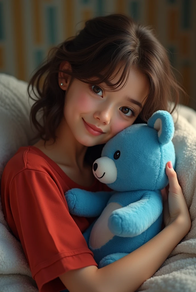 a woman in a red shirt holding a blue stuffed animal, lei min, leslie zhang, janice sung, feng zhu |, lilo and stitch, duy beni serial, jia ruan, xiaofan zhang, streaming on twitch, qifeng lin, sandra chevier, song nan li, gemma chen, tyler edlin and natasha tan, chengyou liu