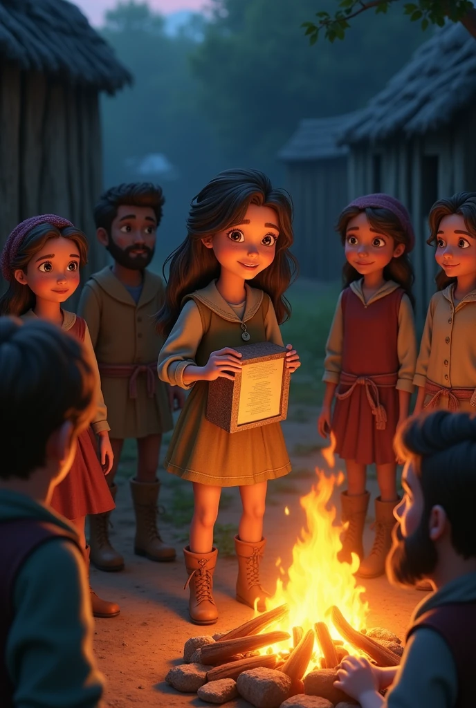 *Clara returns to the village, carrying the box and the letter. She gathers the villagers around a campfire. The villagers, captivated, listen attentively.*