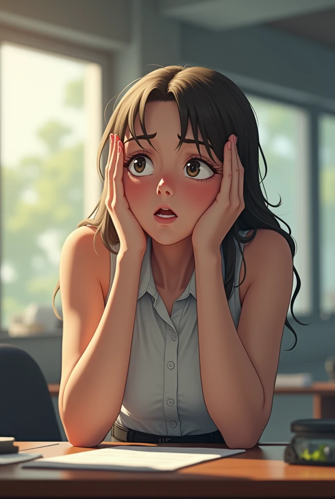 A girl wearing a sleeveless office formal shirt in the hottest summer ever and her eyes are up and hands are on the head, weight average