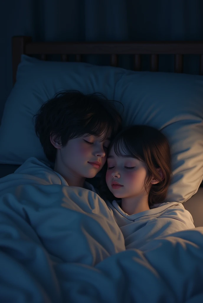 A boy and a girl are sleeping with each other in a room in dark night 