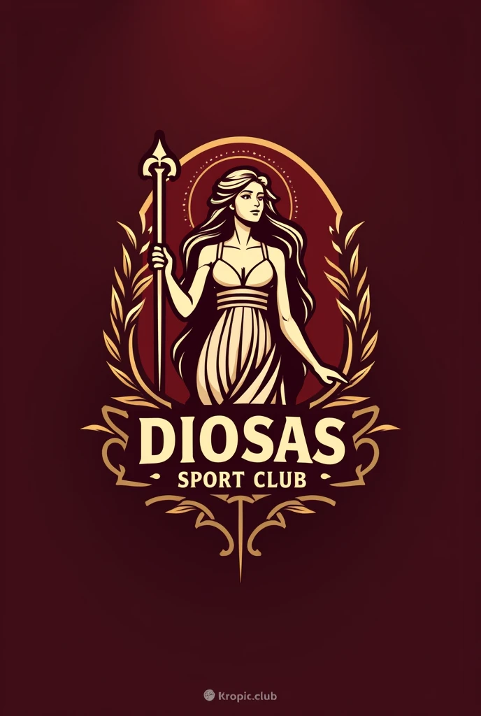 Football team logo in burgundy with gold with a Goddess called Diosas Sport club