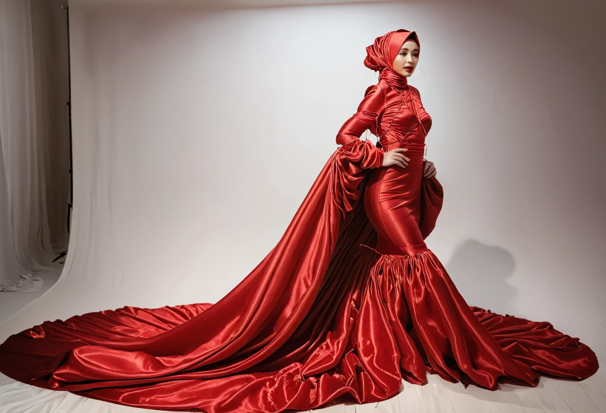 A woman shrouded in a 10-meter-long, plush red satin cloth, ballon sleeves,tight from the waist to the thighs, tightly bound and grandly draping along the form of her body, flowing off into a pooled floor-length train, styled in a mermaid-inspired outfit, her head modestly veiled in a satin hijab, 185 height woman, walk in photo studio, a full-body pose conveying a sense of elegance, captured in a 4k resolution, ultra-realistic
