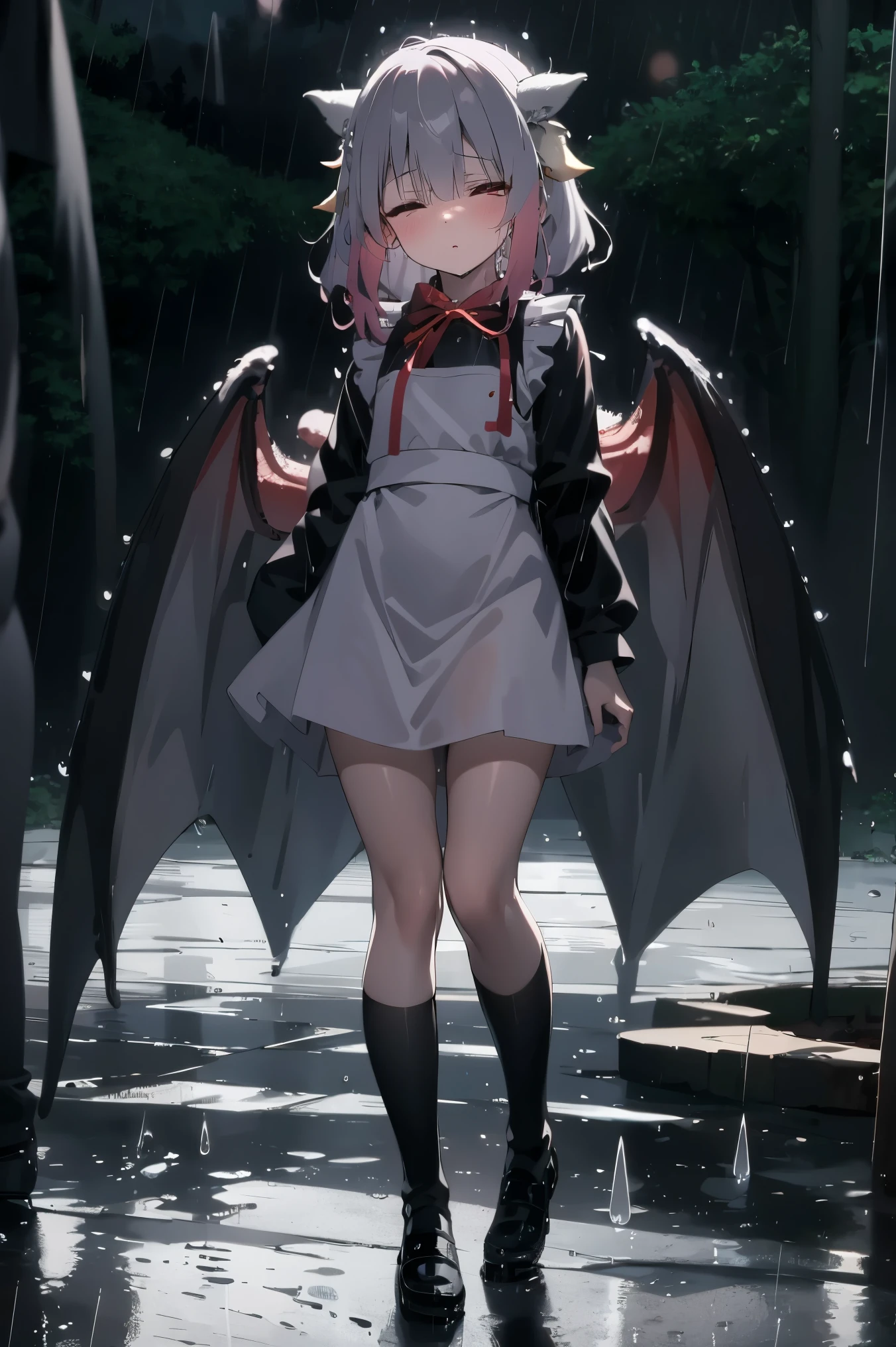 uhd, 4k, textured skin, High details, ​High Details face, masterpiece, best quality, (Amazingly absurd:1.2), (​masterpiece:1.2), 1  girl, maid dragon, dragon ears, dragon wings, dragon tail, Long dress, standing, dynamische pose:1.5, half-closed eyes, glowing red eyes, very long black hair, shiny hair , fullbody, two colored hair, hair ribbon, black knee socks, Kawaiitech, soft colours, Kawaii, Beautiful colors, (Rain:1.5), (Night:2), (forest:1.5),